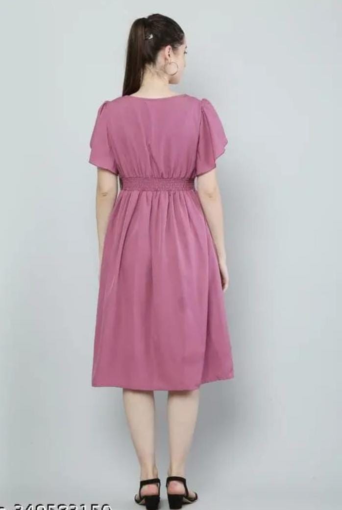 Women Pink Solid Viscose Rayon Fit And Flair Dress